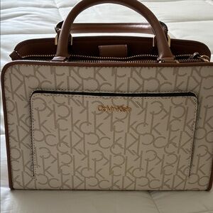 Calvin Klein Beige and Brown Monogram Briefcase